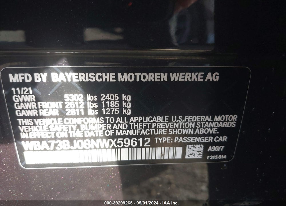 2022 BMW 540I VIN: WBA73BJ08NWX59612