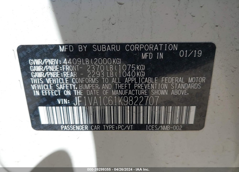 2019 SUBARU WRX PREMIUM VIN: JF1VA1C61K9822707