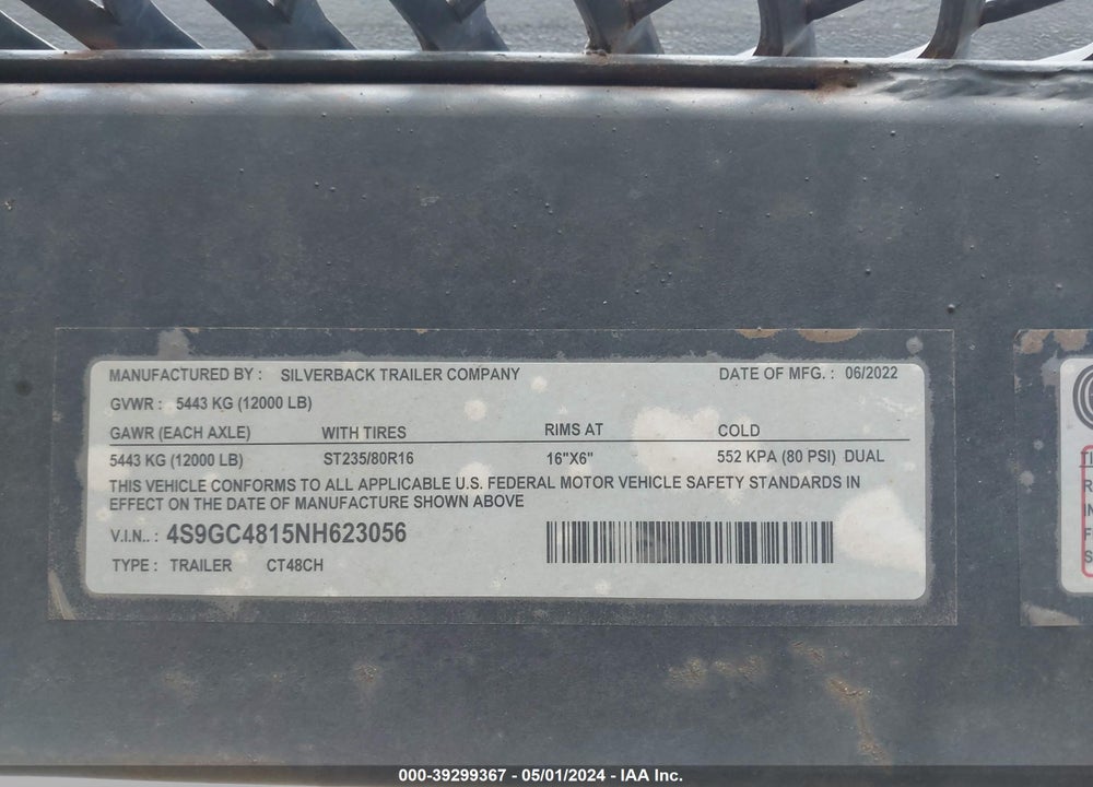 2022 TRAILER SILVERBACK CAR HAULER VIN: 4S9GC4815NH623056