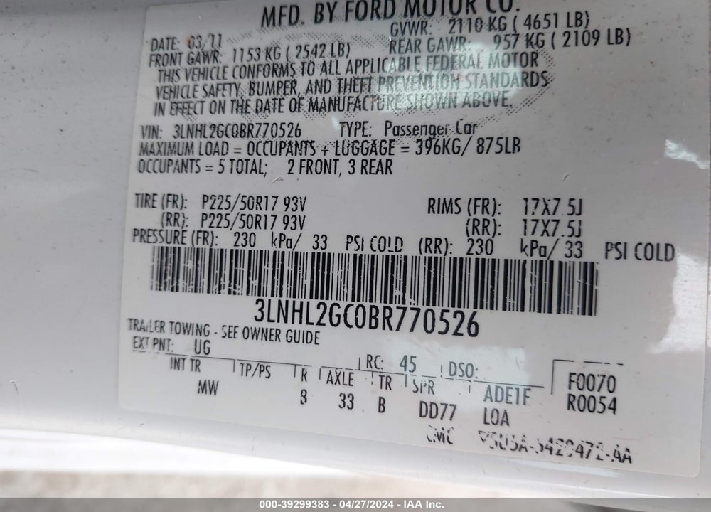 2011 LINCOLN MKZ VIN: 3LNHL2GC0BR770526