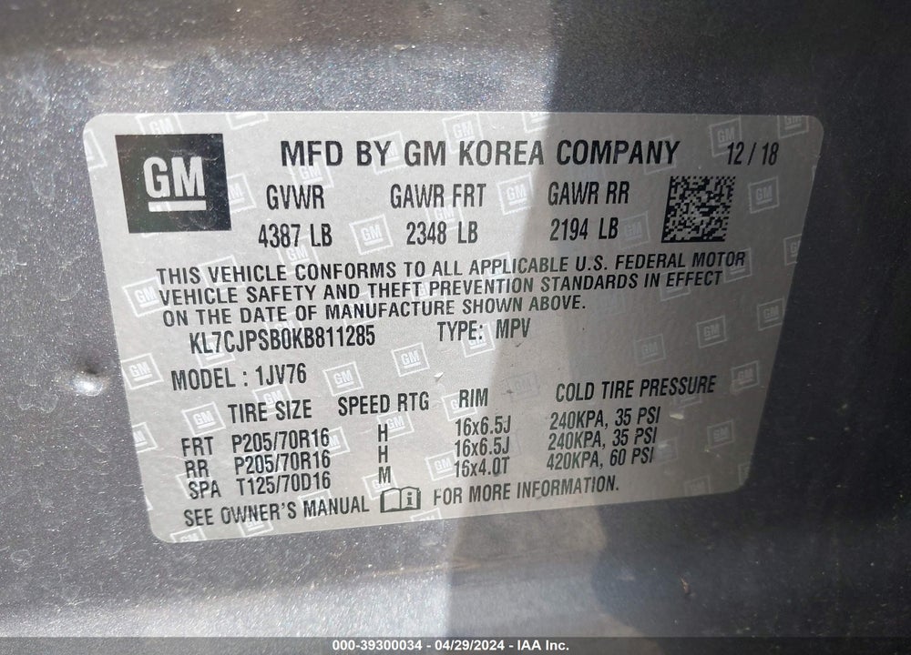 2019 CHEVROLET TRAX LT VIN: KL7CJPSB0KB811285