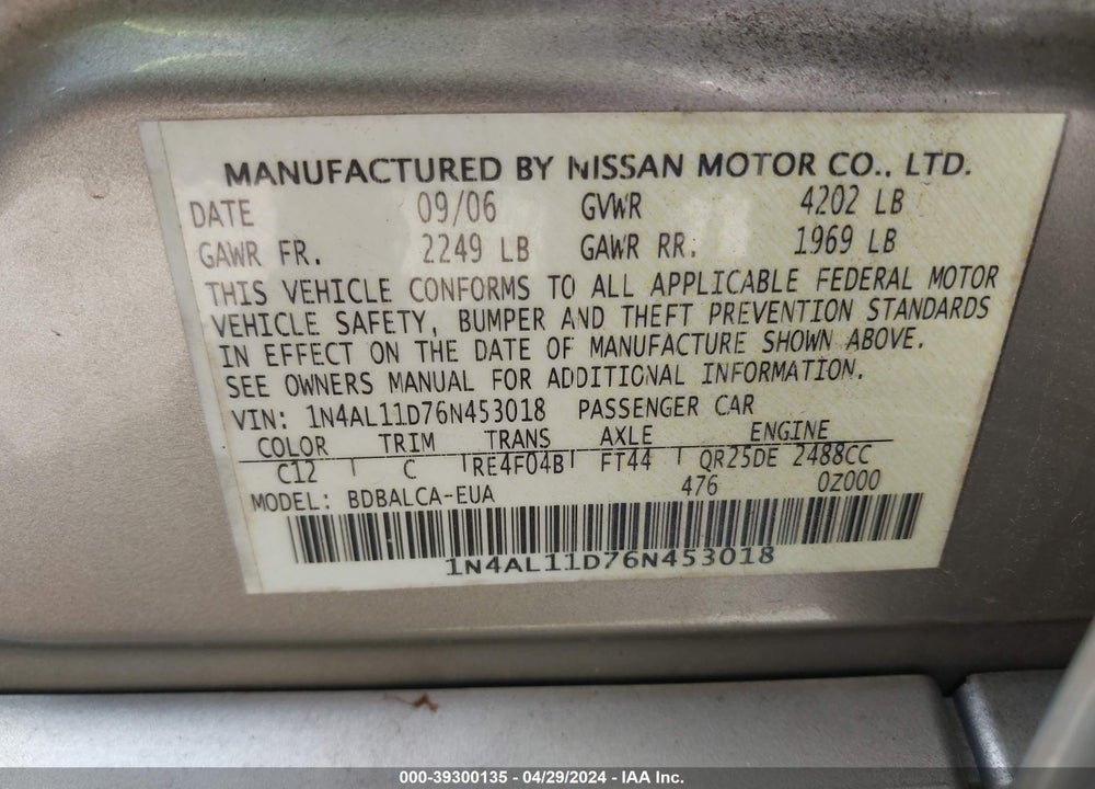 2006 NISSAN ALTIMA 2.5 S VIN: 1N4AL11D76N453018
