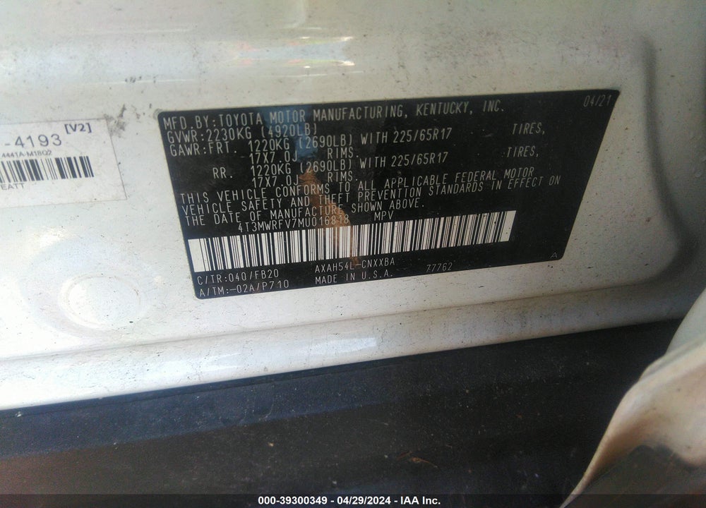 2021 TOYOTA RAV4 LE HYBRID VIN: 4T3MWRFV7MU016818