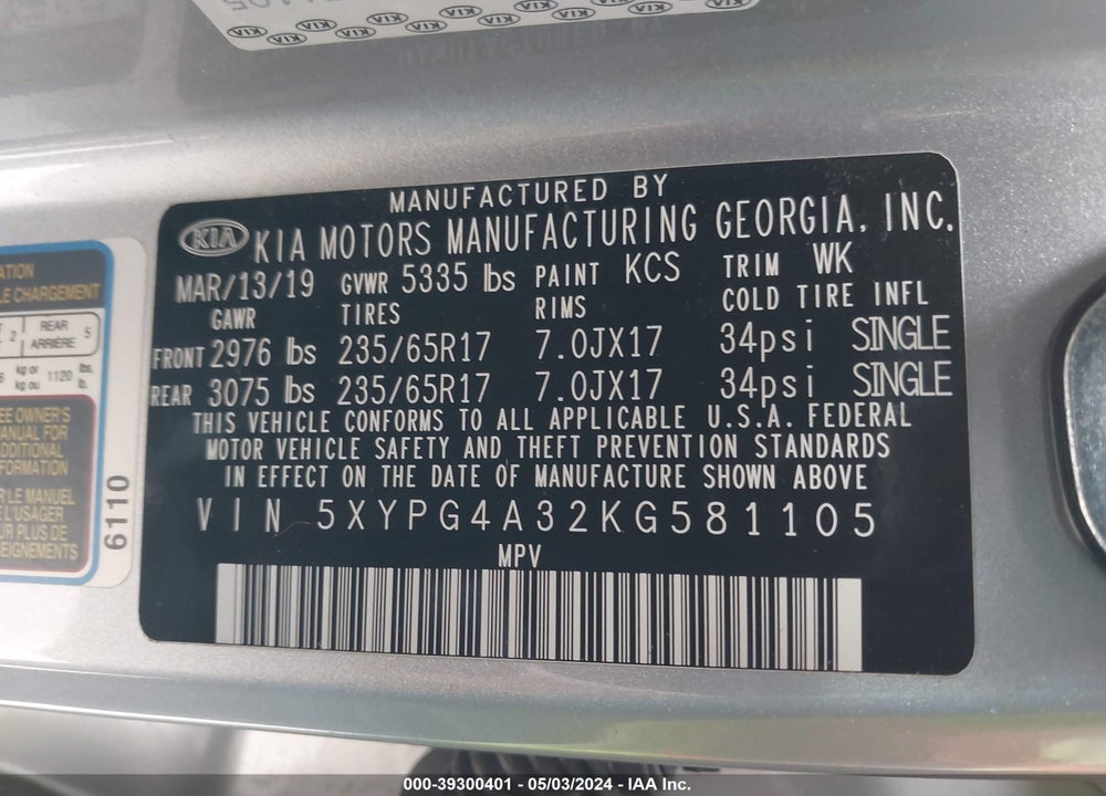 2019 KIA SORENTO 2.4L L VIN: 5XYPG4A32KG581105