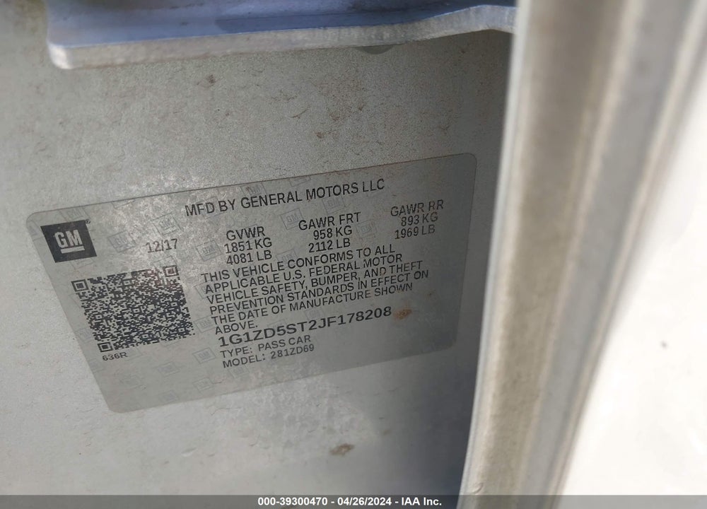 2018 CHEVROLET MALIBU LT VIN: 1G1ZD5ST2JF178208