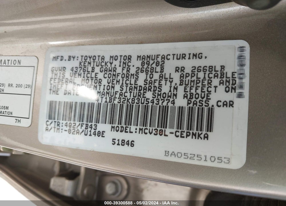 2003 TOYOTA CAMRY LE V6 VIN: 4T1BF32K83U543774
