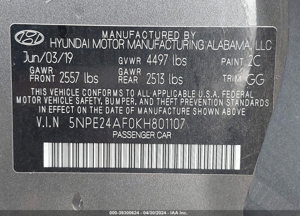 2019 HYUNDAI SONATA SE VIN: 5NPE24AF0KH801107