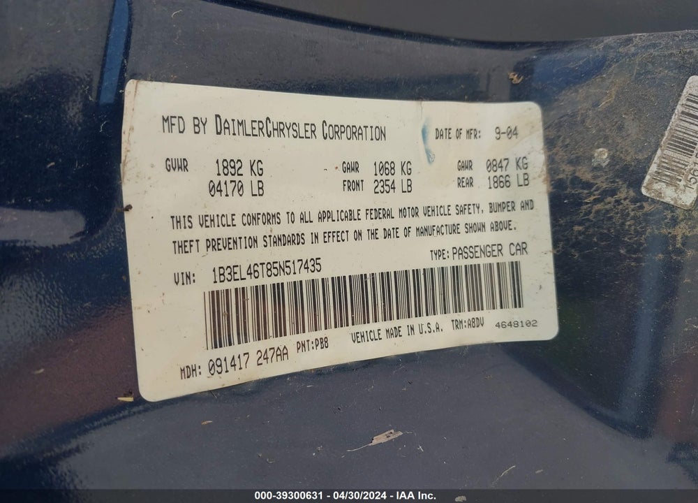 2005 DODGE STRATUS SXT VIN: 1B3EL46T85N517435