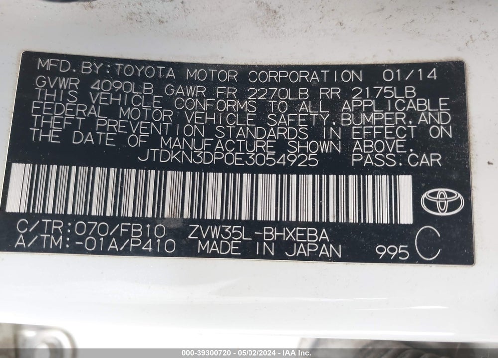 2014 TOYOTA PRIUS PLUG-IN VIN: JTDKN3DP0E3054925