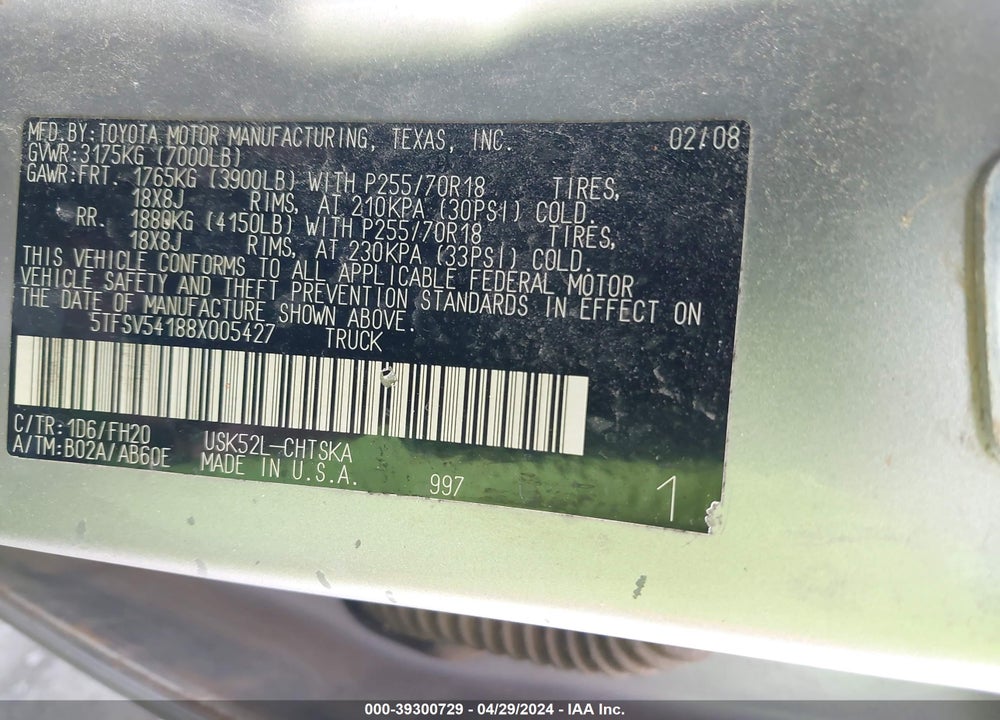 2008 TOYOTA TUNDRA BASE 5.7L V8 VIN: 5TFSV54188X005427
