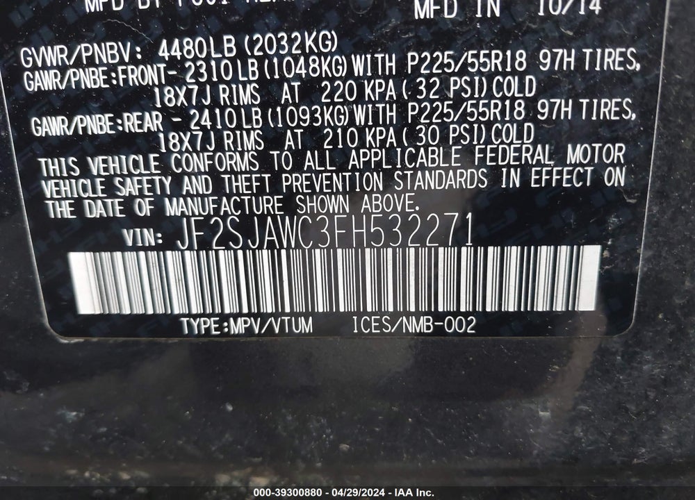 2015 SUBARU FORESTER 2.5I TOURING VIN: JF2SJAWC3FH532271