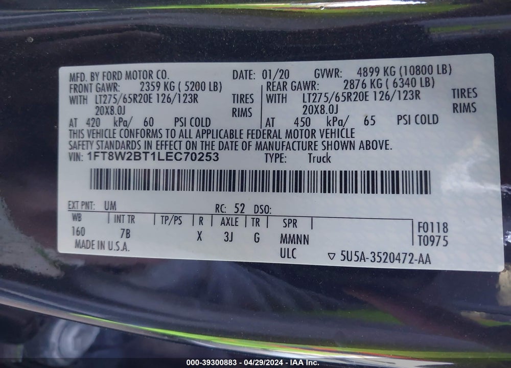 2020 FORD F-250 PLATINUM VIN: 1FT8W2BT1LEC70253