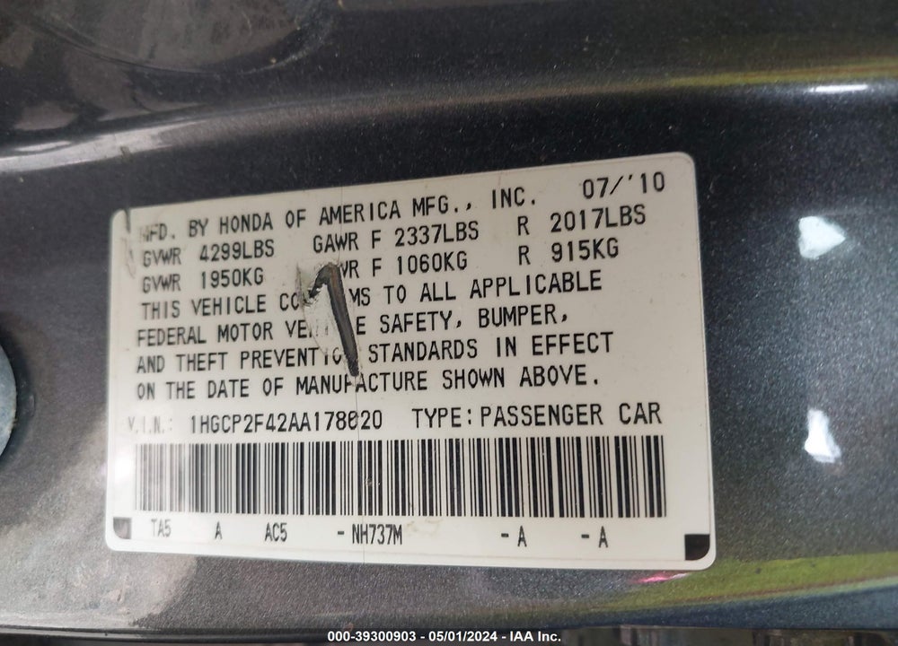 2010 HONDA ACCORD 2.4 LX-P VIN: 1HGCP2F42AA178620