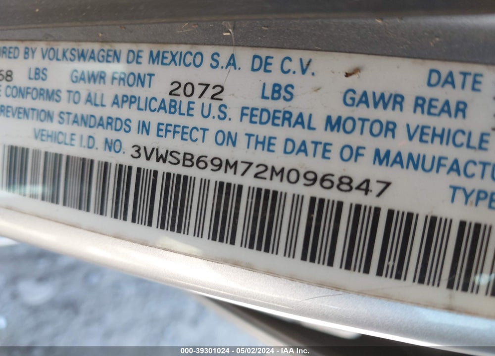2002 VOLKSWAGEN JETTA GLS VIN: 3VWSB69M72M096847