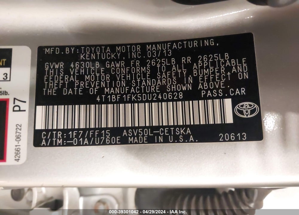 2013 TOYOTA CAMRY SE VIN: 4T1BF1FK5DU240628