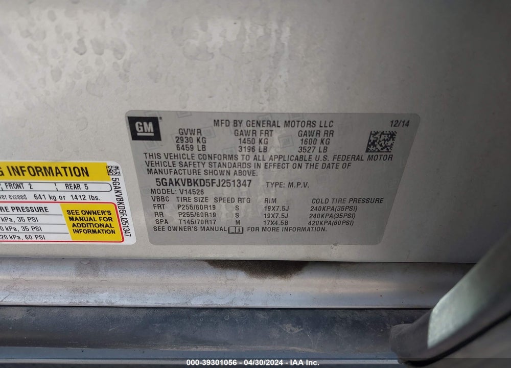 2015 BUICK ENCLAVE LEATHER VIN: 5GAKVBKD5FJ251347
