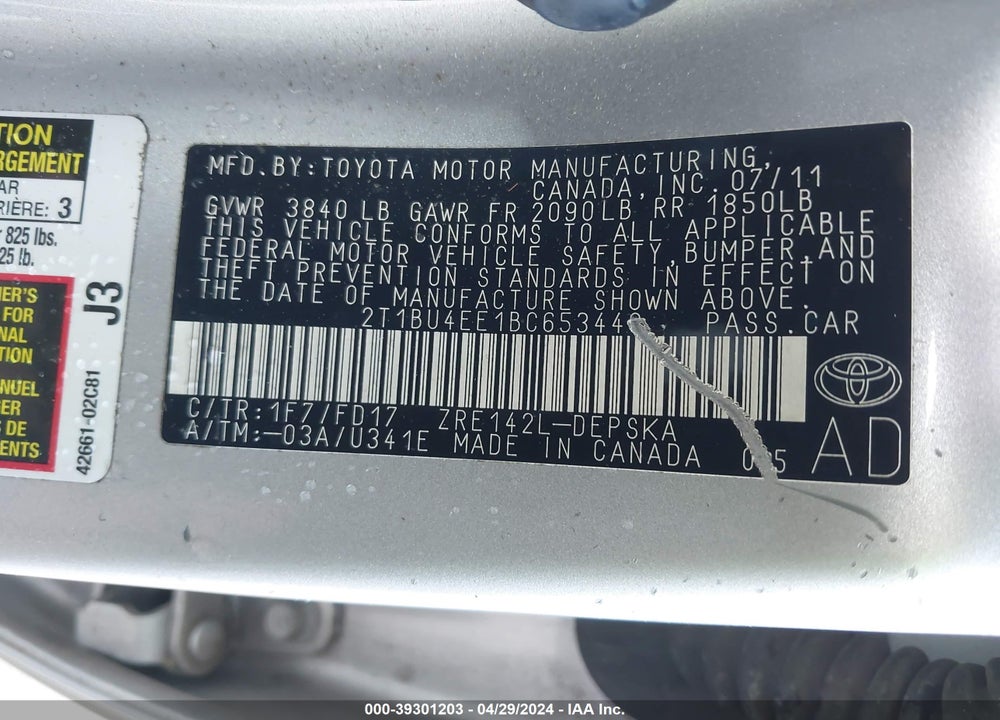 2011 TOYOTA COROLLA S VIN: 2T1BU4EE1BC653440