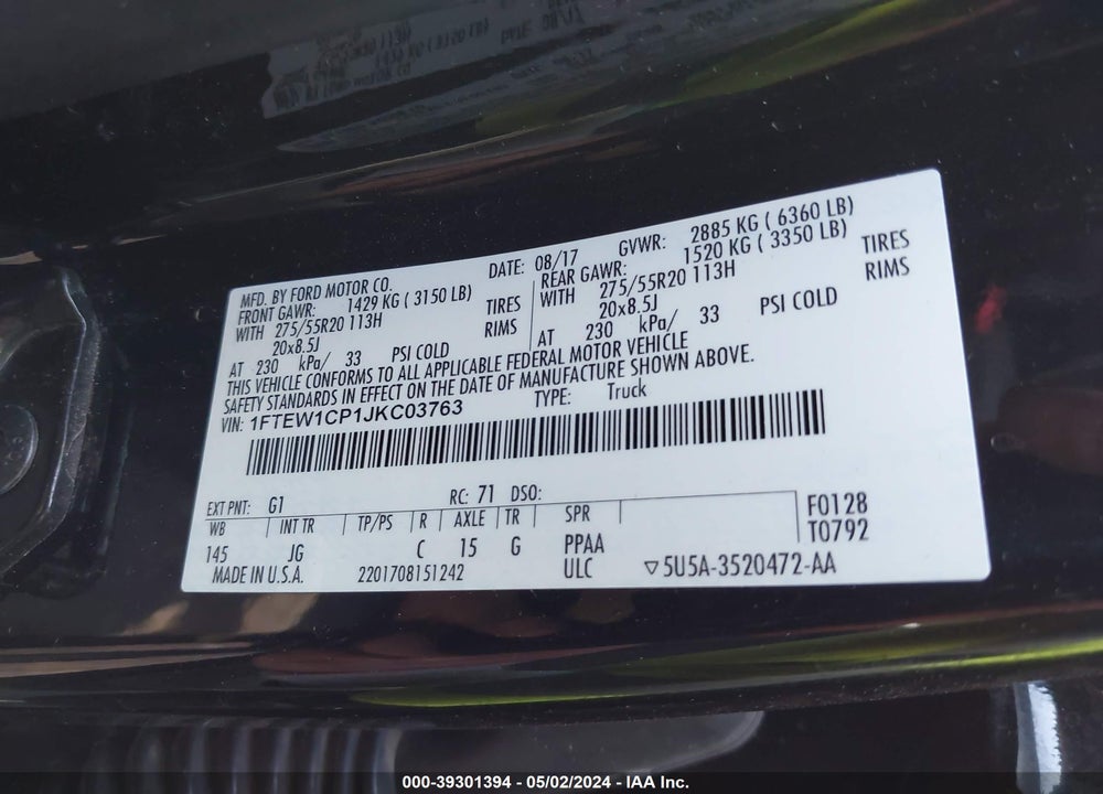 2018 FORD F-150 VIN: 1FTEW1CP1JKC03763