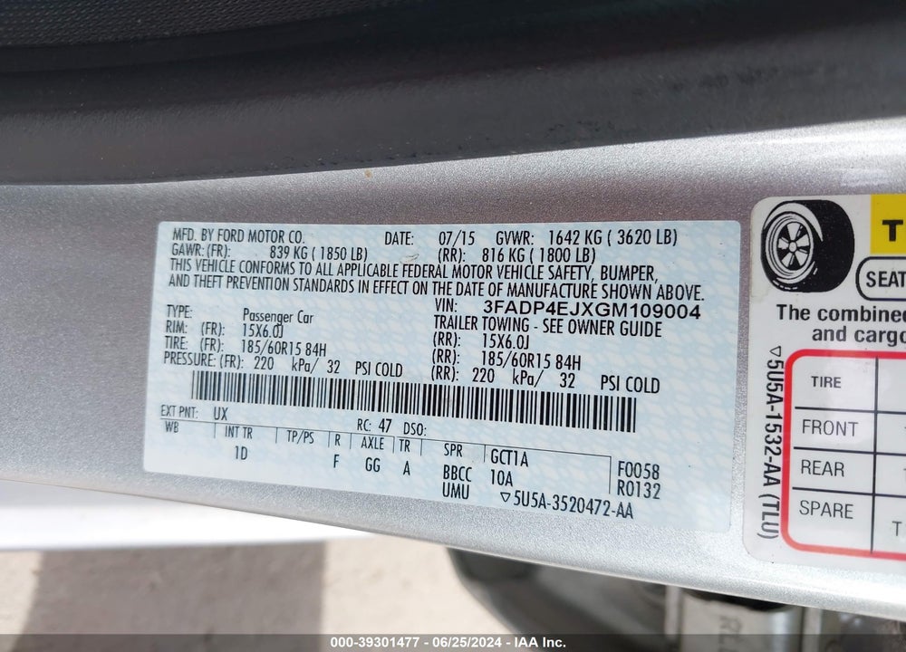 2016 FORD FIESTA SE VIN: 3FADP4EJXGM109004
