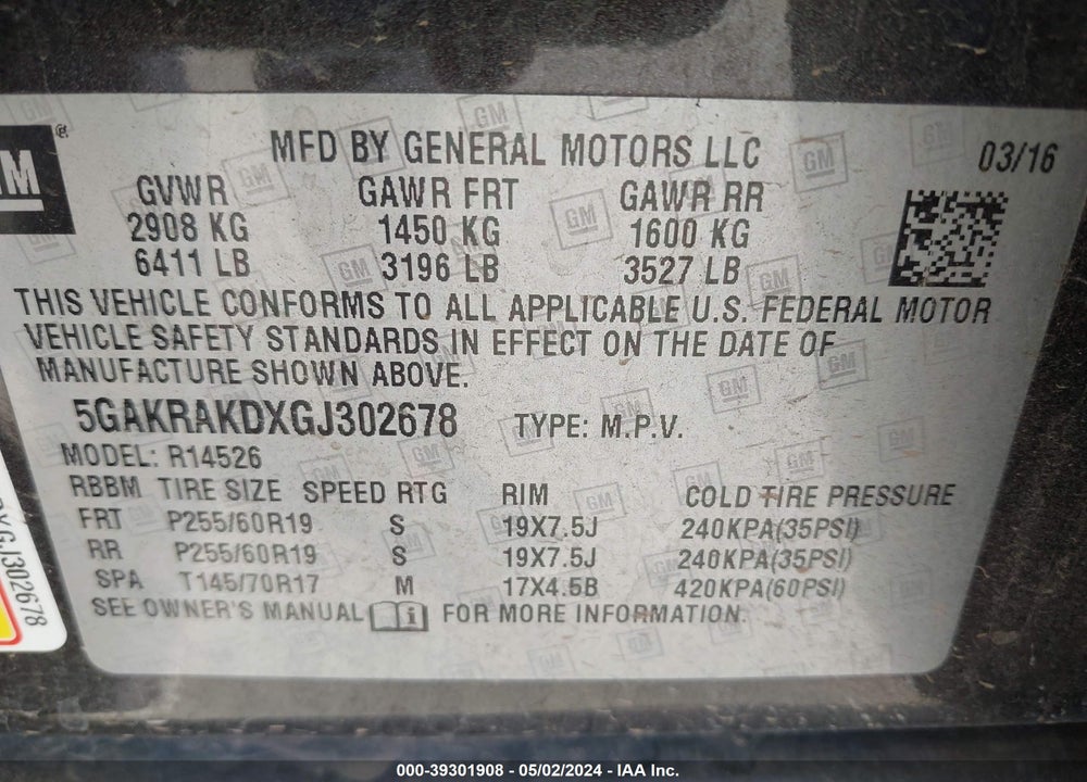 2016 BUICK ENCLAVE CONVENIENCE VIN: 5GAKRAKDXGJ302678