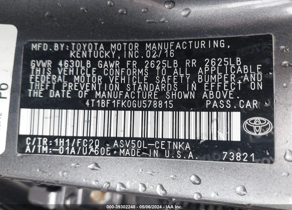 2016 TOYOTA CAMRY LE VIN: 4T1BF1FK0GU578815