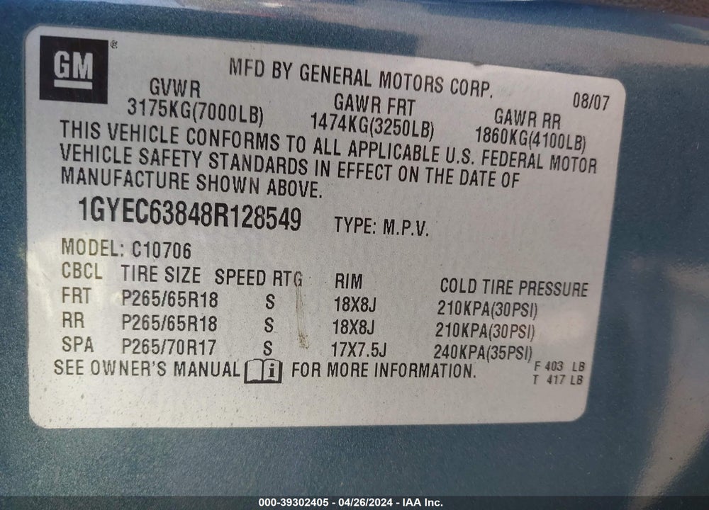 2008 CADILLAC ESCALADE STANDARD VIN: 1GYEC63848R128549