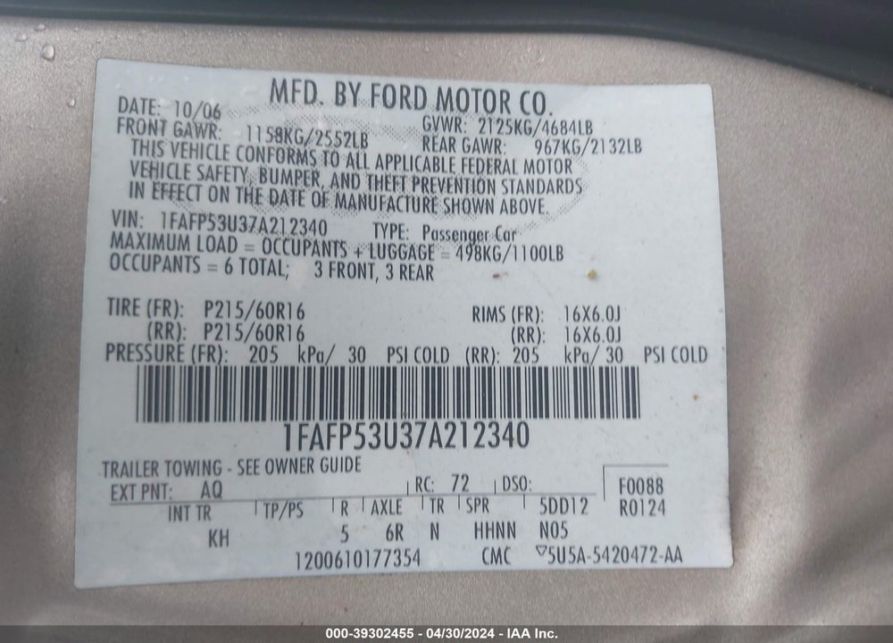 2007 FORD TAURUS SE VIN: 1FAFP53U37A212340