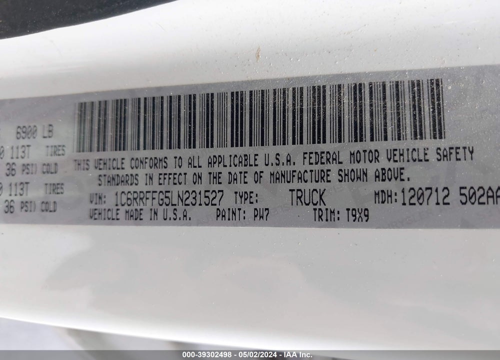 2020 RAM 1500 BIG HORN 4X4 5'7 BOX VIN: 1C6RRFFG5LN231527