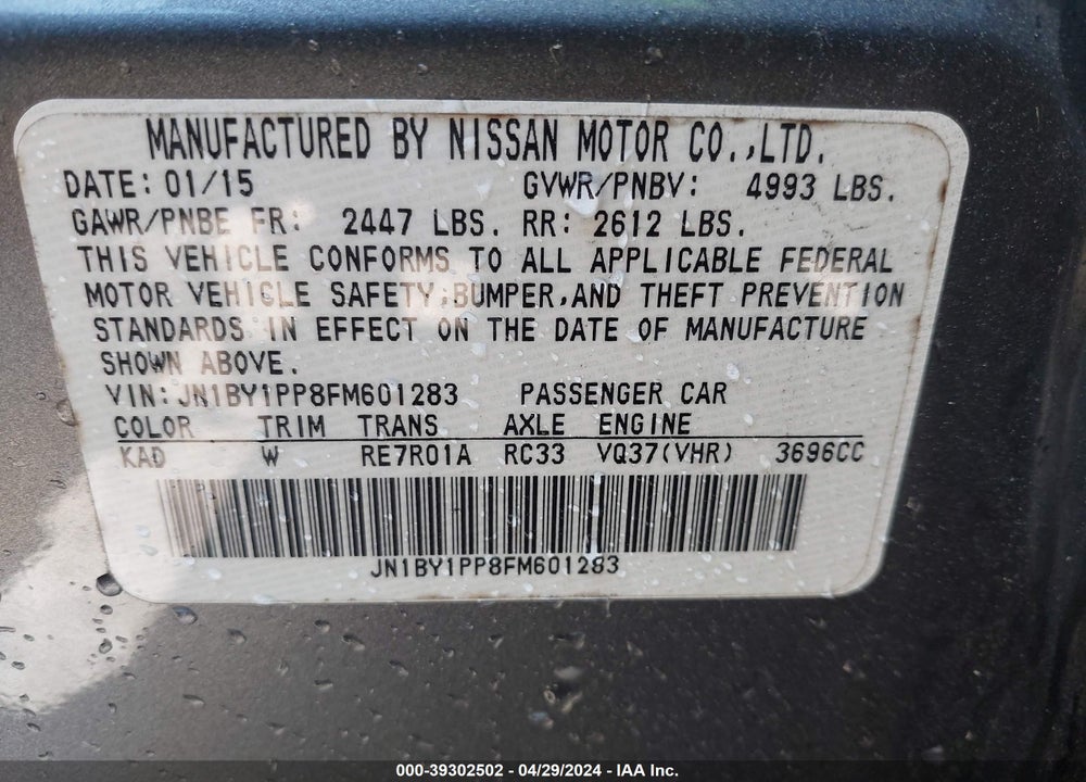 2015 INFINITI Q70L 3.7 VIN: JN1BY1PP8FM601283