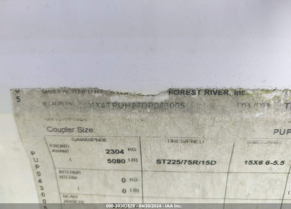2013 FOREST RIVER PUMA VIN: 4X4TPUH27DP043005