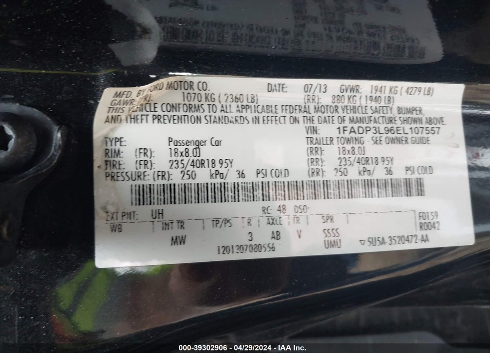 2014 FORD FOCUS VIN: 1FADP3L96EL107557