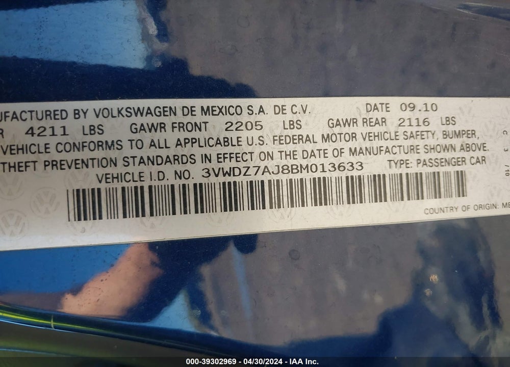 2011 VOLKSWAGEN JETTA 2.5L SE VIN: 3VWDZ7AJ8BM013633