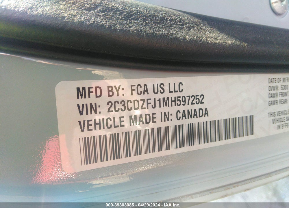 2021 DODGE CHALLENGER R/T SCAT PACK VIN: 2C3CDZFJ1MH597252
