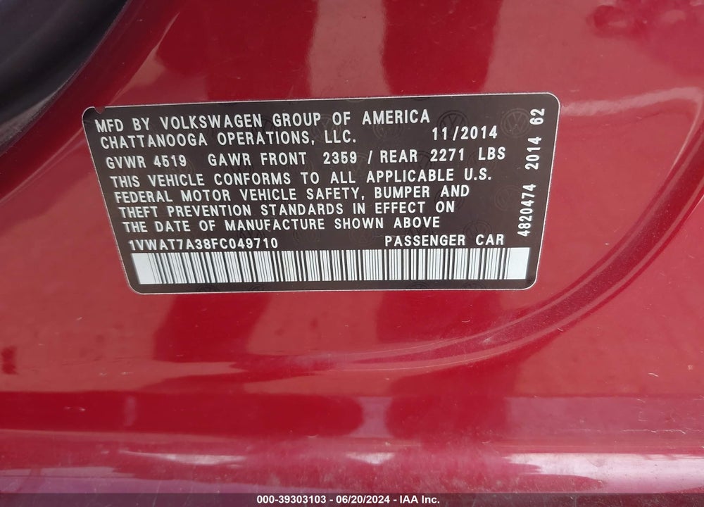 2015 VOLKSWAGEN PASSAT 1.8T WOLFSBURG EDITION VIN: 1VWAT7A38FC049710