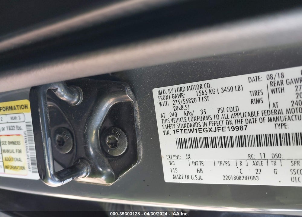 2018 FORD F-150 LARIAT VIN: 1FTEW1EGXJFE19987
