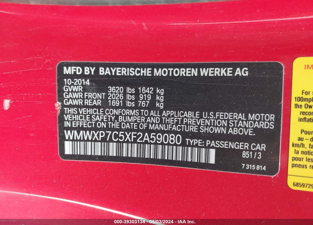2015 MINI HARDTOP COOPER S VIN: WMWXP7C5XF2A59080