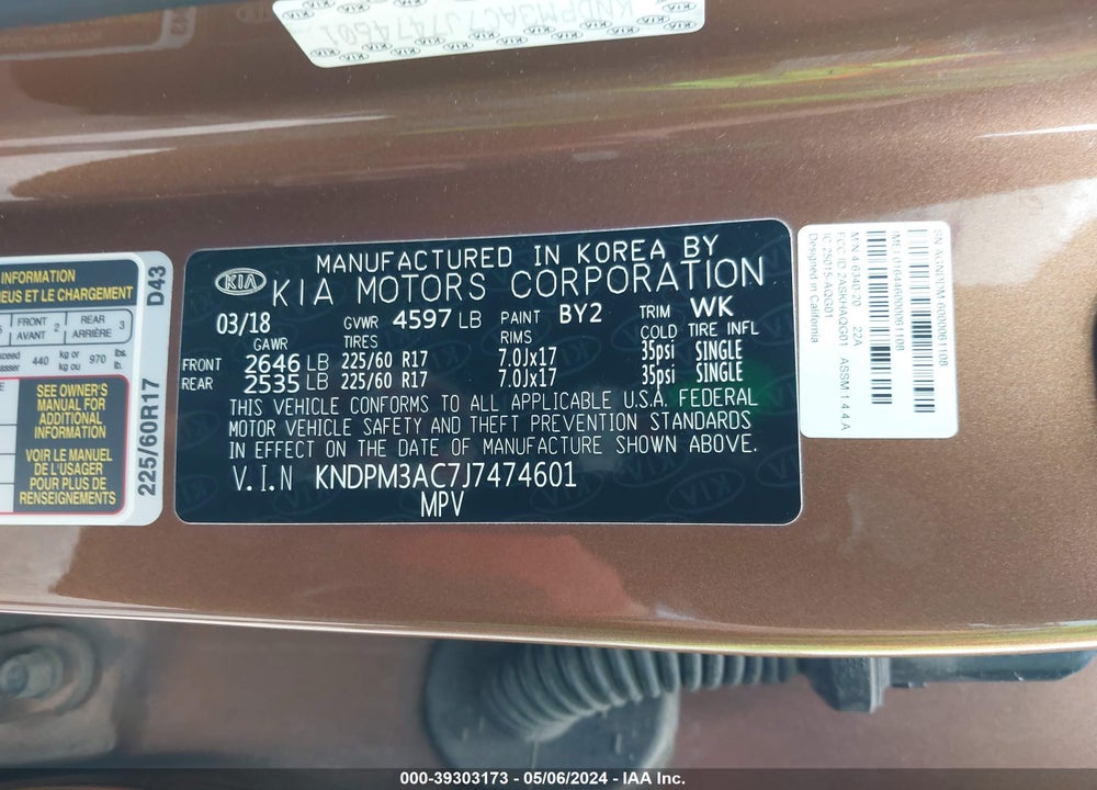 2018 KIA SPORTAGE LX VIN: KNDPM3AC7J7474601