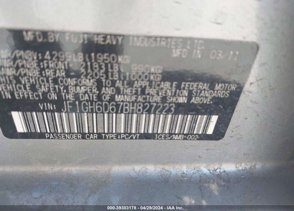 2011 SUBARU IMPREZA OUTBACK SPORT VIN: JF1GH6D67BH827223