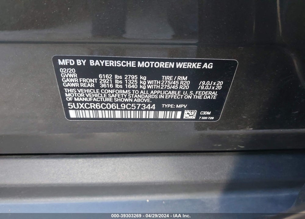 2020 BMW X5 XDRIVE40I VIN: 5UXCR6C06L9C57344