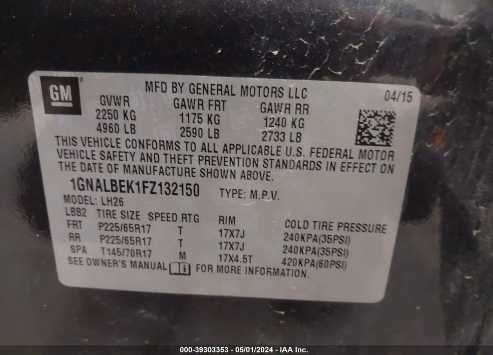 2015 CHEVROLET EQUINOX 1LT VIN: 1GNALBEK1FZ132150