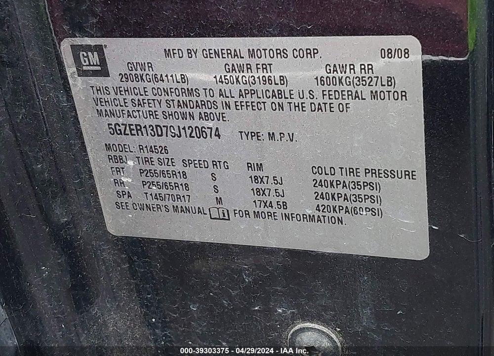 2009 SATURN OUTLOOK XE VIN: 5GZER13D79J120674