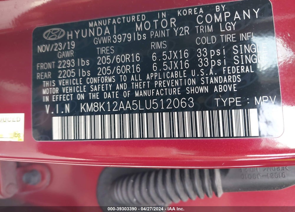 2020 HYUNDAI KONA SE VIN: KM8K12AA5LU512063