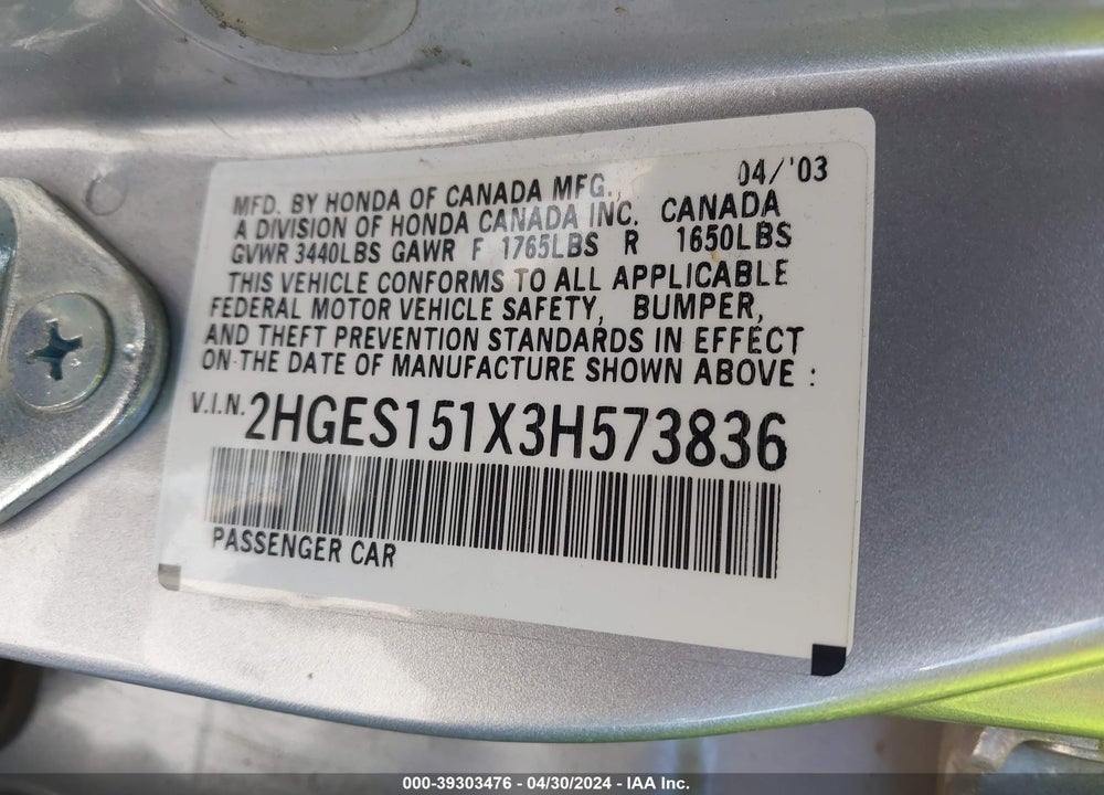 2003 HONDA CIVIC DX VIN: 2HGES151X3H573836