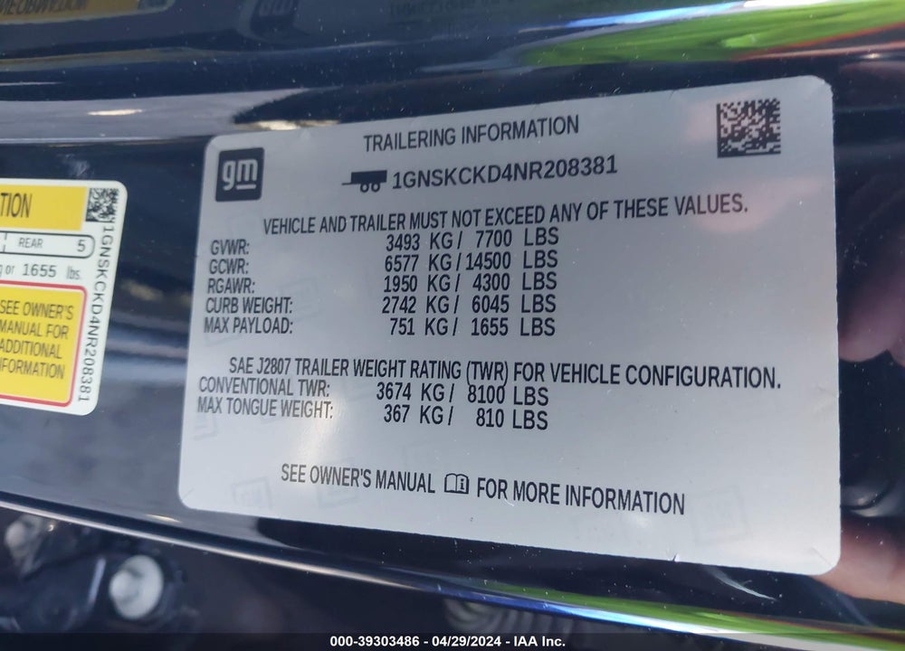 2022 CHEVROLET SUBURBAN 4WD LT VIN: 1GNSKCKD4NR208381