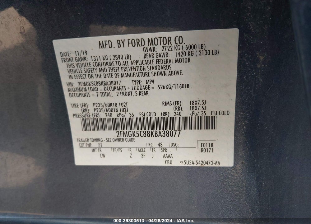 2019 FORD FLEX SEL VIN: 2FMGK5C88KBA38077
