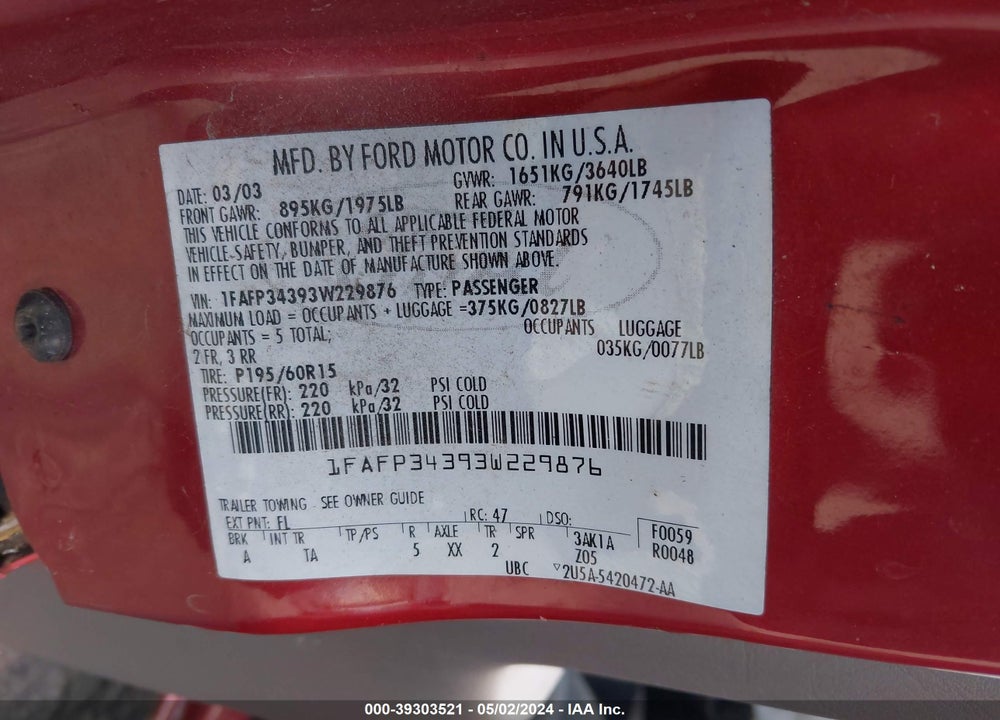 2003 FORD FOCUS SE VIN: 1FAFP34393W229876