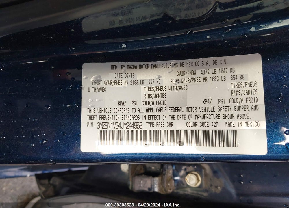 2018 MAZDA 3 TOURING VIN: 3MZBN1V34JM244958