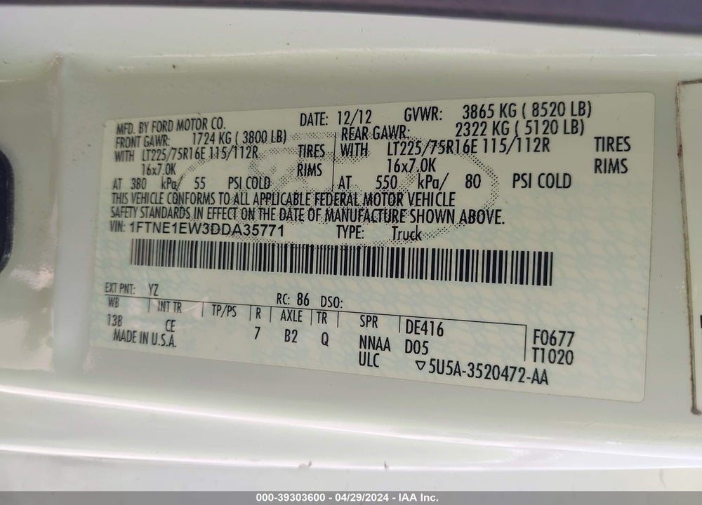 2013 FORD E-150 COMMERCIAL VIN: 1FTNE1EW3DDA35771
