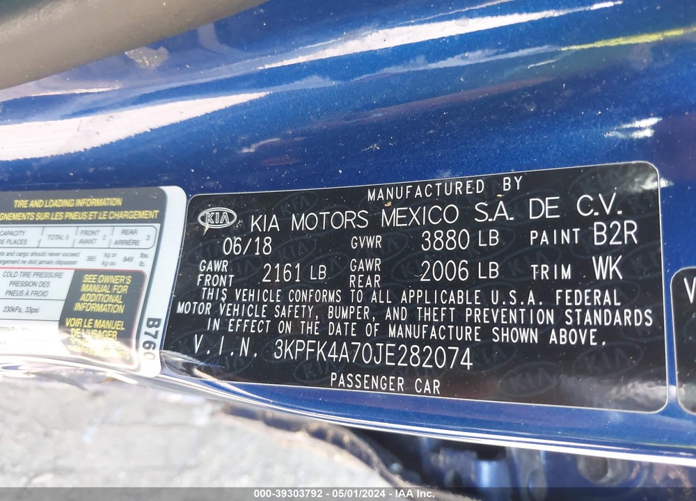 2018 KIA FORTE VIN: 3KPFK4A70JE282074