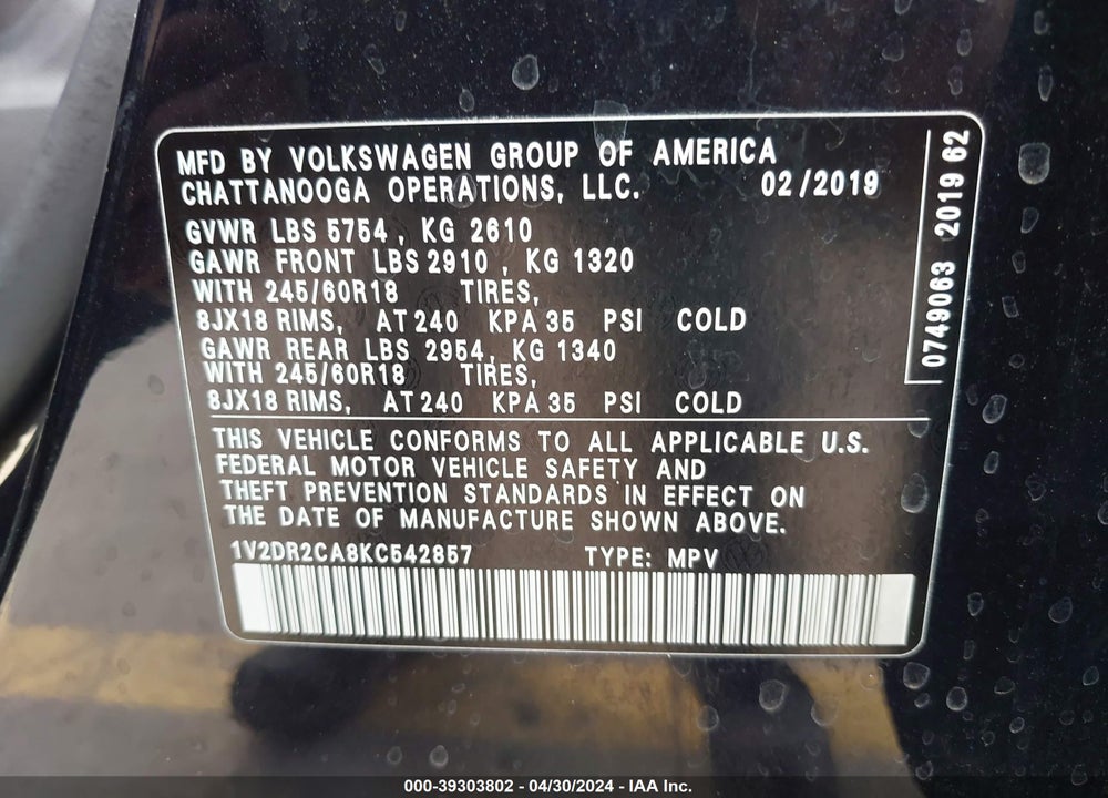 2019 VOLKSWAGEN ATLAS 3.6L V6 SE VIN: 1V2DR2CA8KC542857